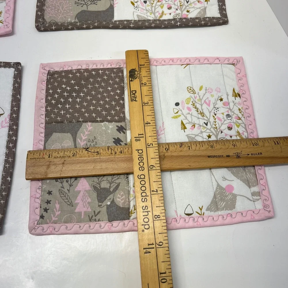 Handmade Woodland Deer Bunny‎ Kids Placemats Set of 4 Pink Brown Reversible 10x8